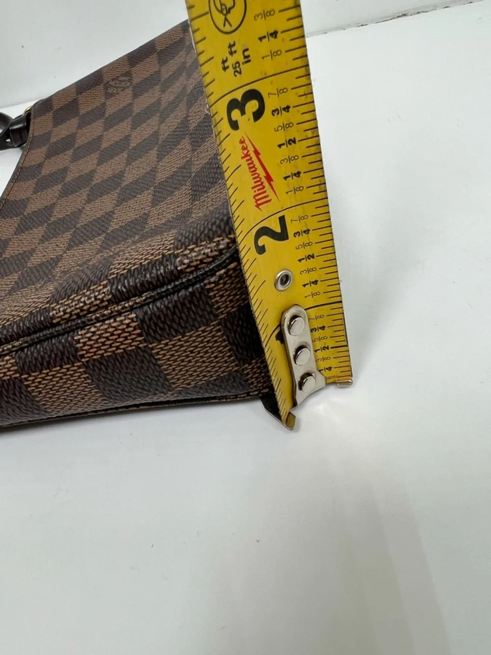 Louis Vuitton Damier Ebene Pochette Shoulder Bag Zip, Strap, Gold HW, Red Lining